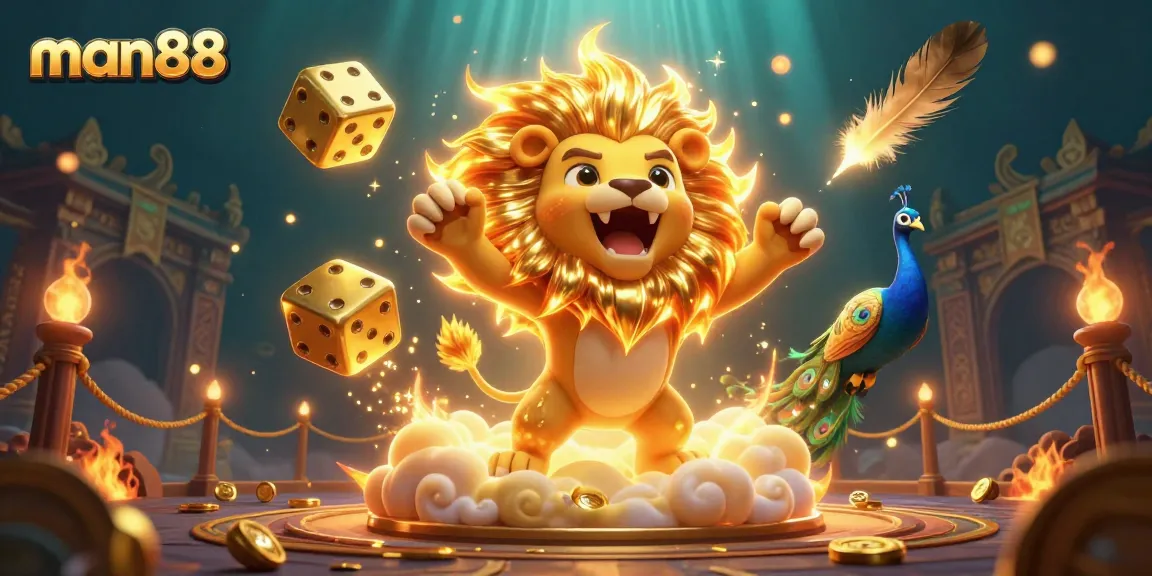 Bet on exciting slots at man88 with a roaring sun lion and golden dice illustration.