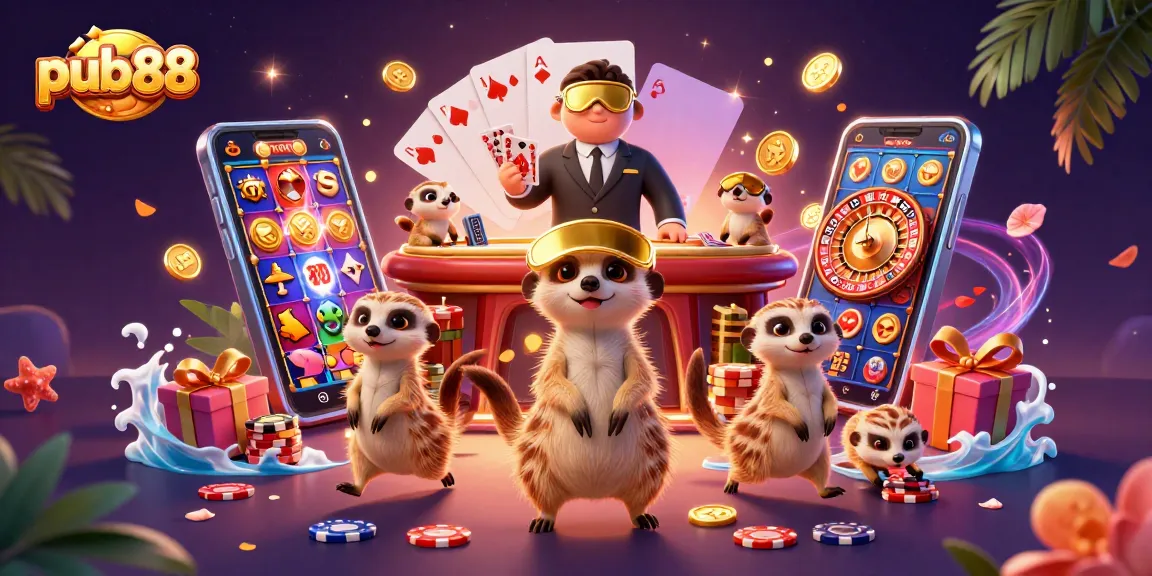 Experience an engaging pub88 casino scene bursting with colors and lively meerkats in action.