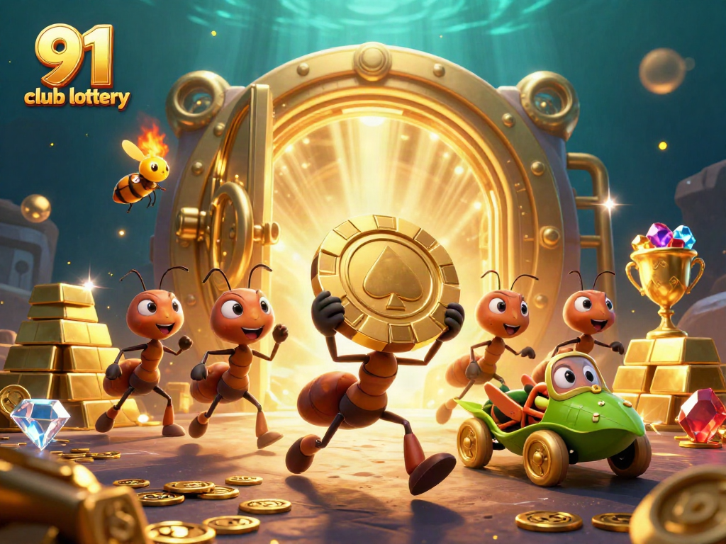 Experience the excitement of 91 club lottery with a vibrant scene of ants and treasures.