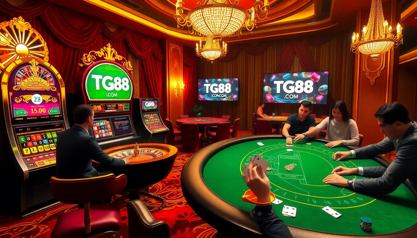 Engaging scene of players at TG88 .COM casino tables, showcasing excitement and luxury in gambling.