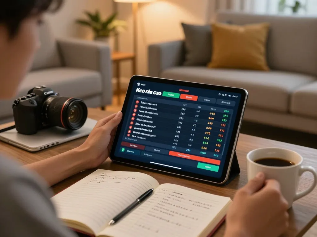 Person reviewing Keo nha cai odds on tablet, living room gaming ambiance.