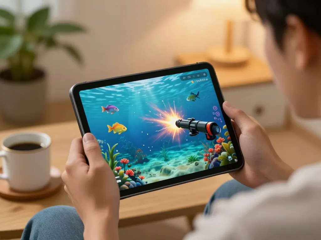 Engaging player immersed in bắn cá đổi thưởng gameplay on a tablet with colorful ocean graphics