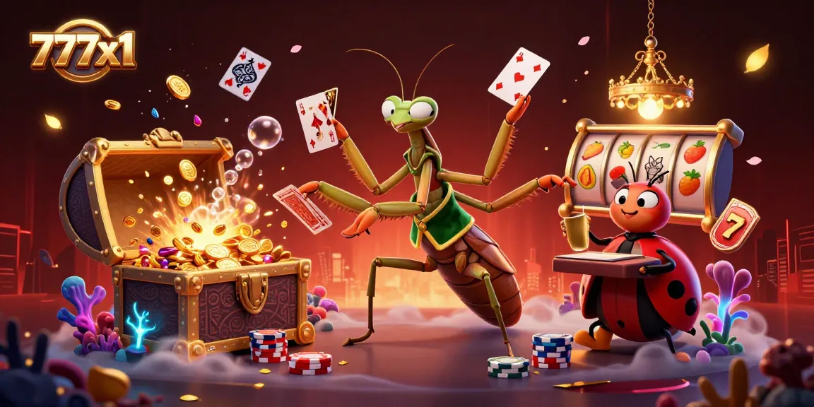 Engage in thrilling action at 777x1 as a giant praying mantis dealer shares cards and gold coins burst from a treasure.