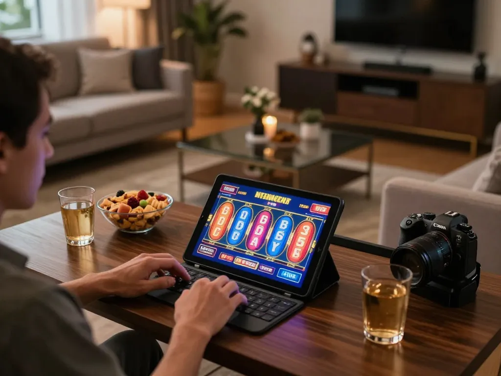 Engaging in a thrilling online slot game at home using a tablet on https://x88.diy/ in a stylish living room setting.