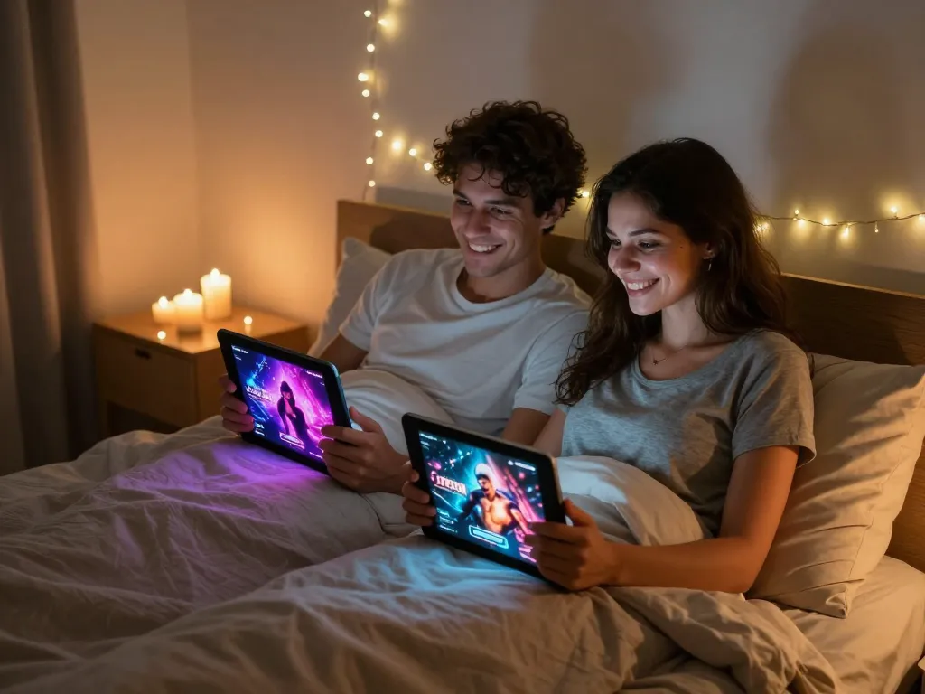 Couple enjoying sex games on tablets in a cozy bedroom.