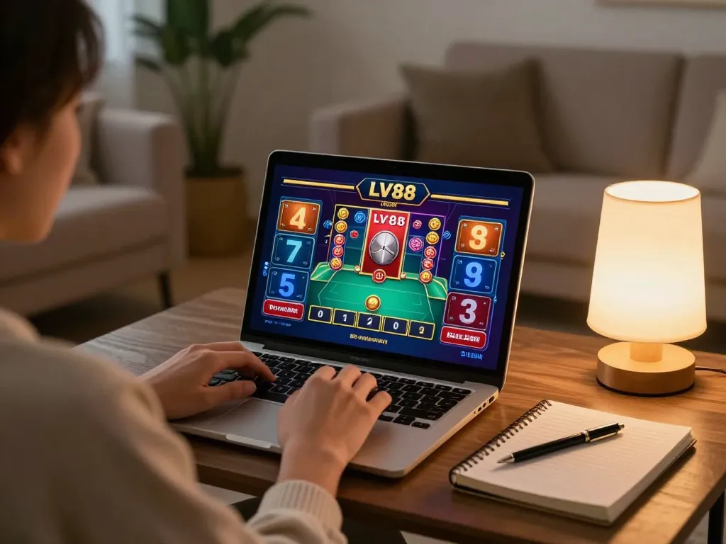 Engaged player using LV88 platform for online gambling in a cozy setting