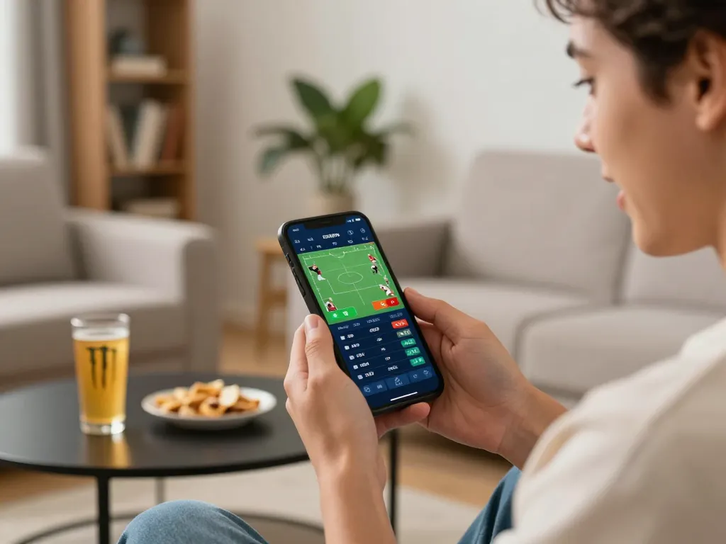 Engaging moment of đăng ký mm88 online betting through smartphone in a modern living room setting