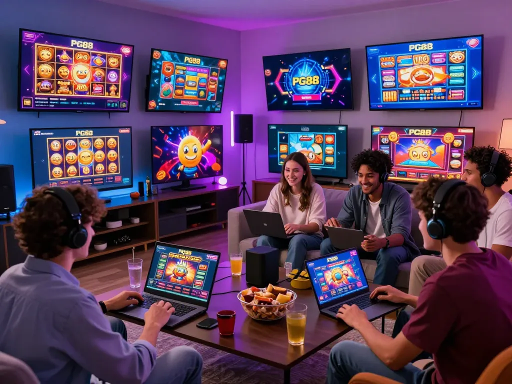 Players enjoying PG88 online gaming experience in a lively living room with multiple devices and vibrant graphics.