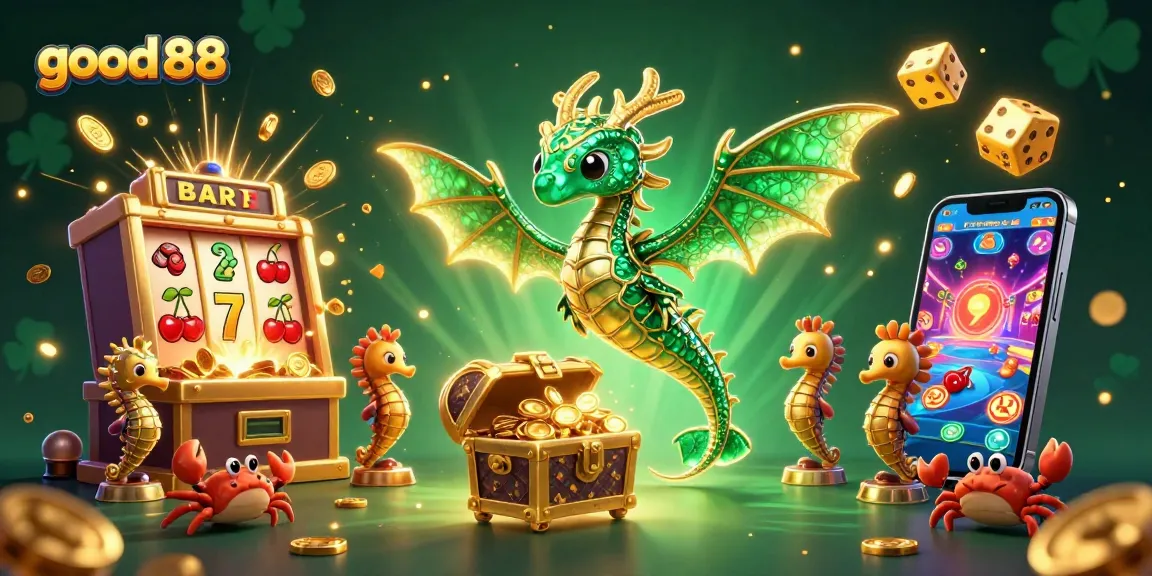Experience exciting gameplay with good 88 in this vibrant 3D casino scene featuring a majestic sea dragon and dynamic slot elements.