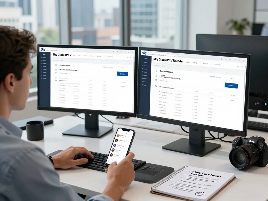 Sky Glass IPTV Reseller Panel dashboard displayed on monitors in a modern office setting, showcasing subscription analytics and customer engagement.