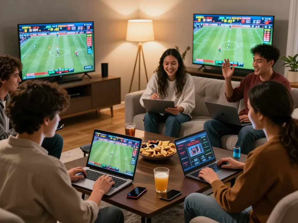 1gom online betting excitement with diverse individuals placing bets and celebrating wins in a lively home setting.
