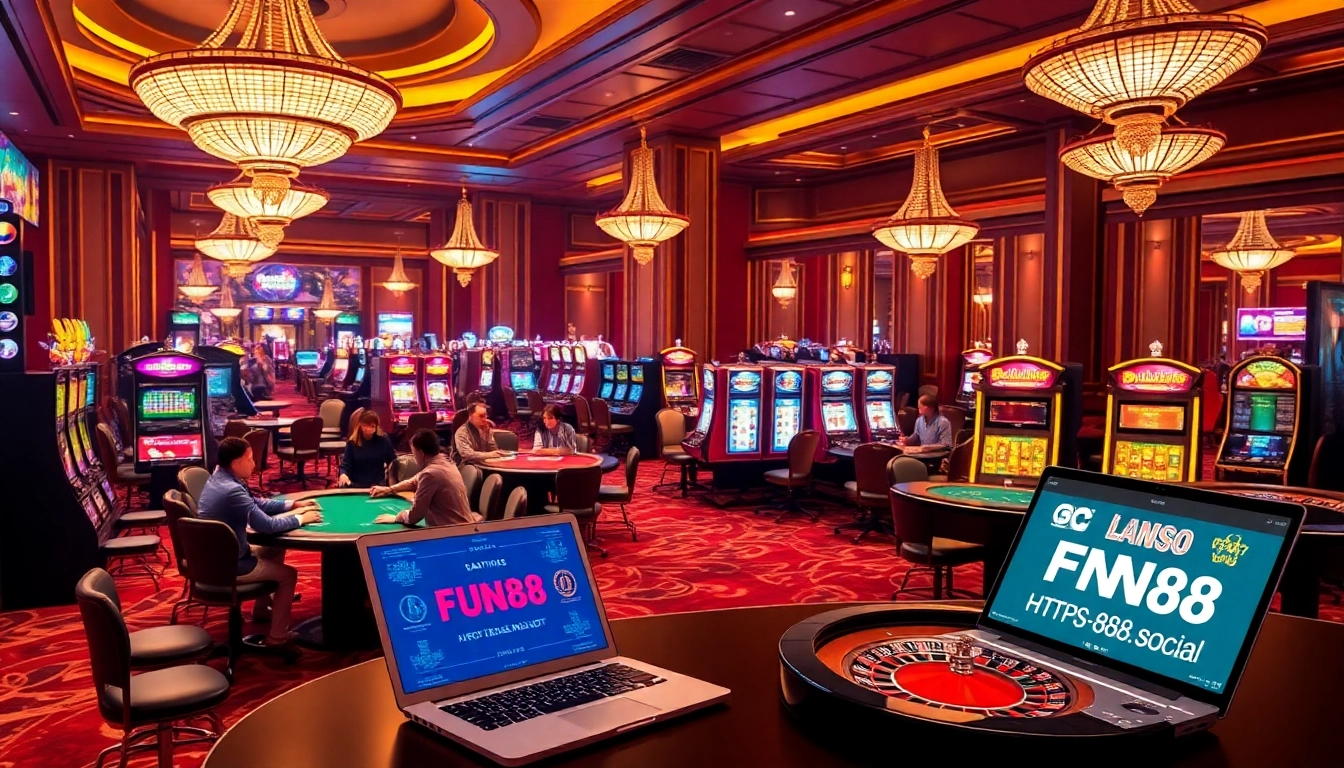 Participants enjoying high-stakes poker and vibrant slot machines at https://fun88.social/, emphasizing a thrilling casino experience.
