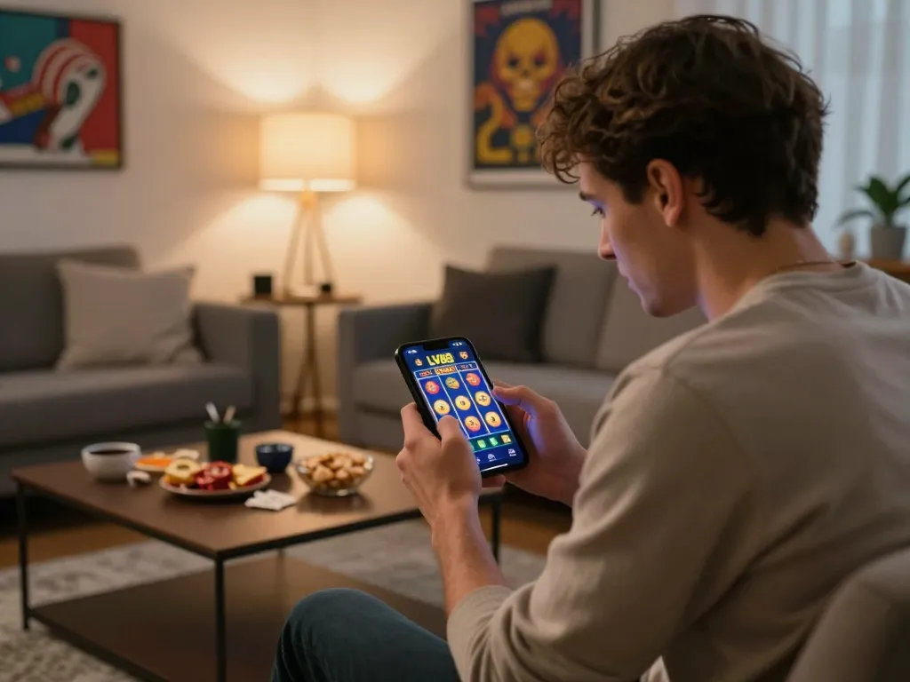 Player enjoying LV88 online slots on smartphone in cozy living room, with snacks and vibrant gameplay visible