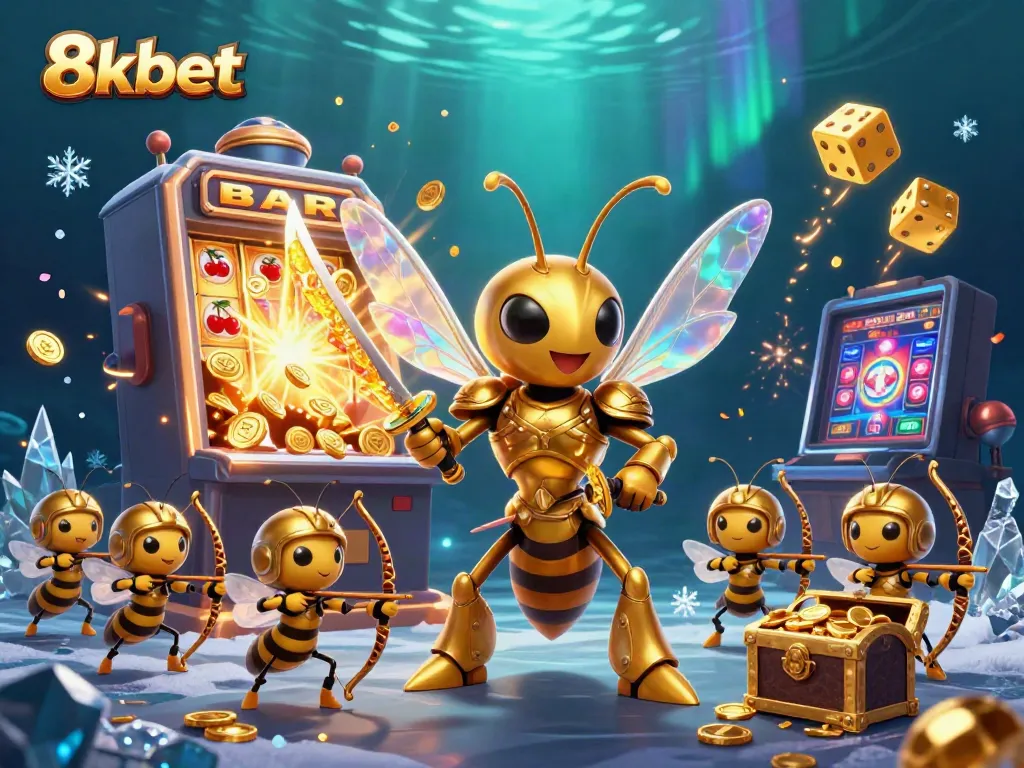 Engage with 8xbet's vibrant casino world featuring a hornet warrior, slot machines, and dazzling treasures.