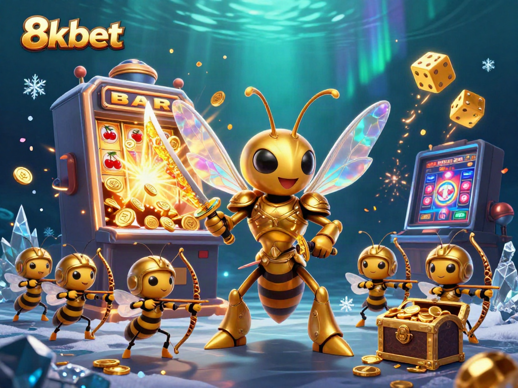 Engage with 8xbet's vibrant casino world featuring a hornet warrior, slot machines, and dazzling treasures.