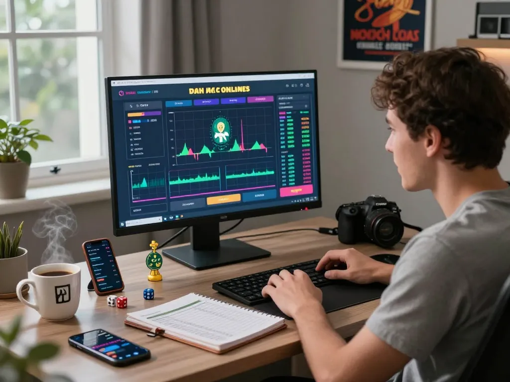 A person analyzing the interface of an online betting platform for danh de online, surrounded by gaming accessories and warm lighting.