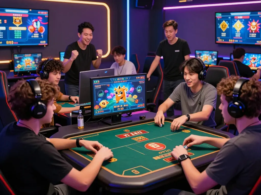 Exciting scene of players enjoying tài xỉu online in a vibrant digital gaming lounge, showcasing community and competition.