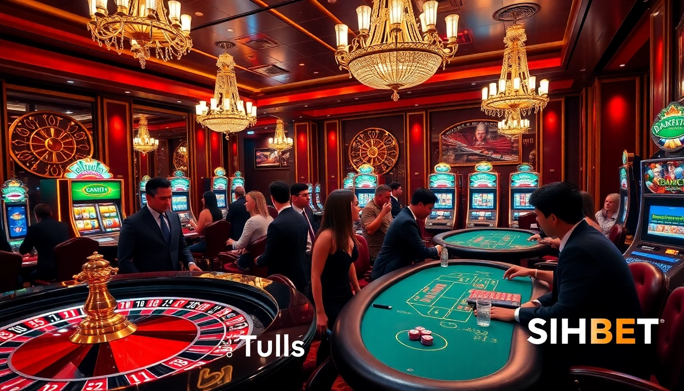 A lively SHBET casino scene with players at poker tables and a roulette wheel under elegant lighting.