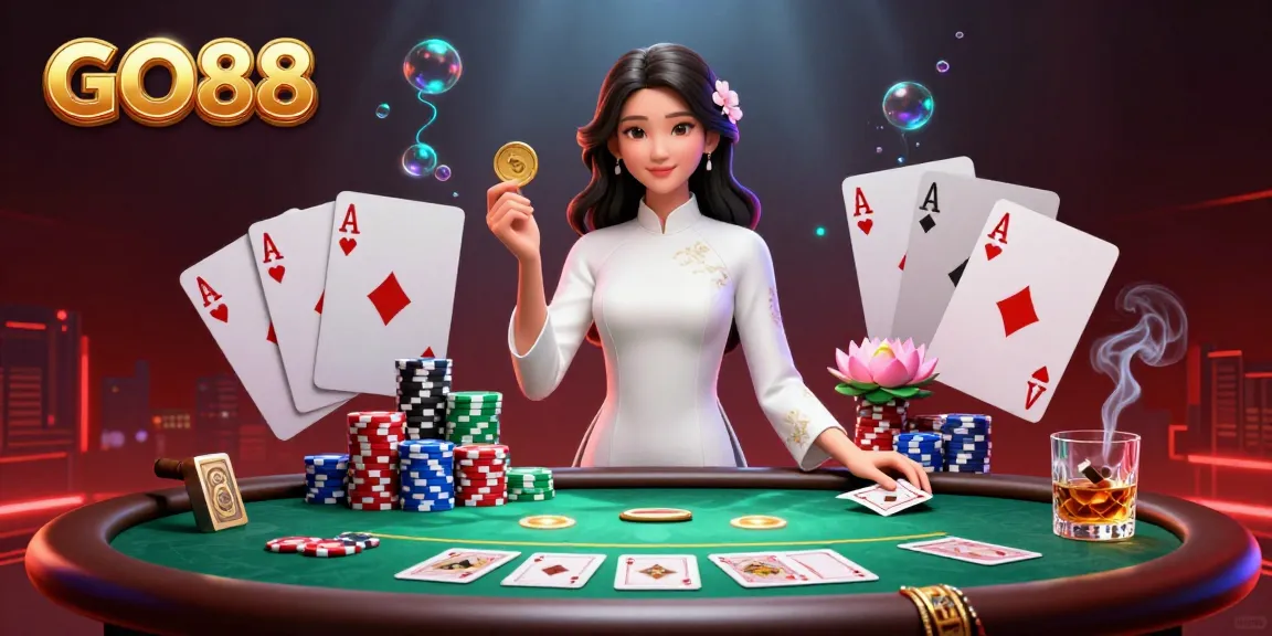 Experience the thrills at GO88 with a stunning poker scene featuring an elegant Asian woman and dynamic game elements.