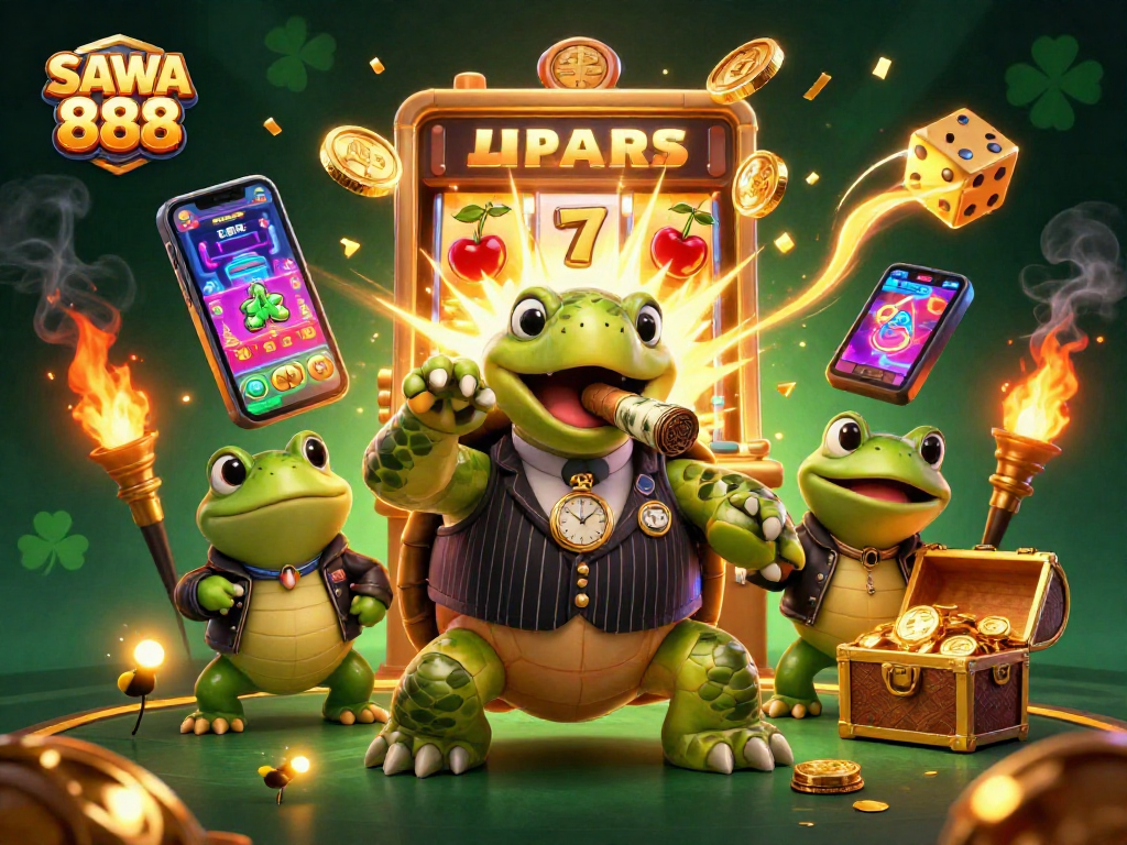 Experience the thrilling excitement of SAWA 888 with a vibrant 3D illustration of playful casino elements and characters.