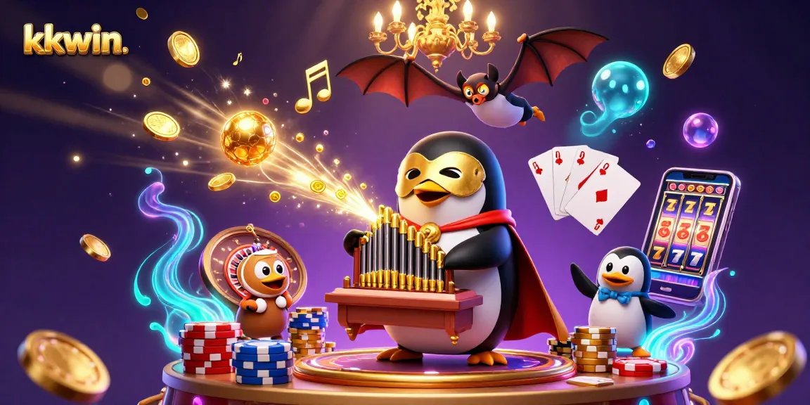 Play thrilling games at kkwin with the phantom opera penguin, gold coins, and poker chips.