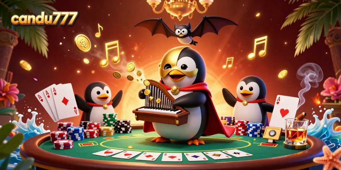 Candu777 offers a vibrant scene with a penguin in a half golden mask playing a pipe organ, surrounded by poker elements.
