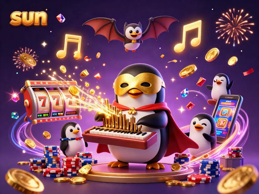 Experience thrilling wins at Sun casino with a penguin organist shooting golden coins while bat acrobats perform.