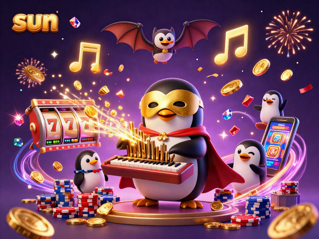 Experience thrilling wins at Sun casino with a penguin organist shooting golden coins while bat acrobats perform.