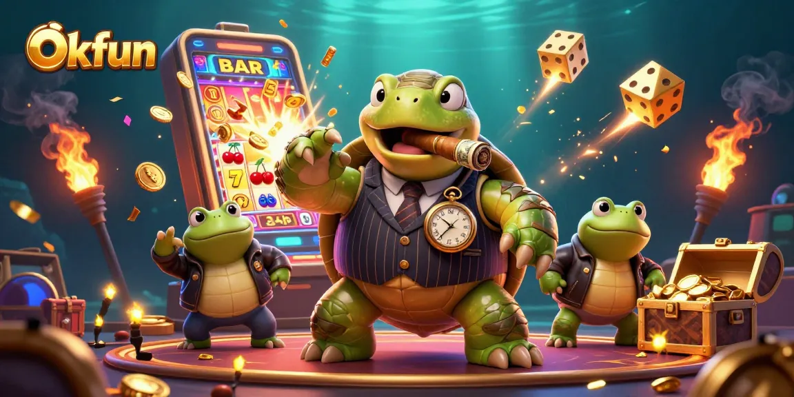 Engage with Okfun’s vibrant 3D casino scene featuring a mobster turtle and jackpot excitement.