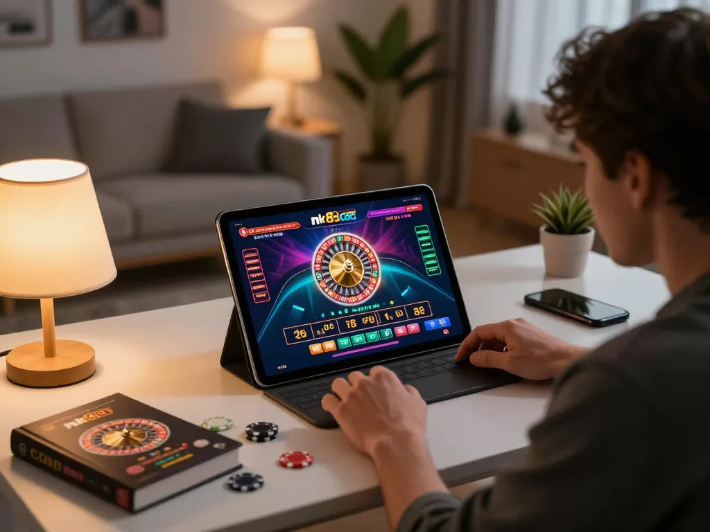 Player engaging with nk88 com online roulette game on tablet in modern home setup.