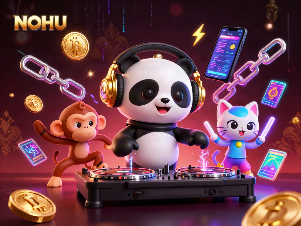 Experience the thrill of NOHU with a vibrant casino scene featuring a DJ panda and neon elements.