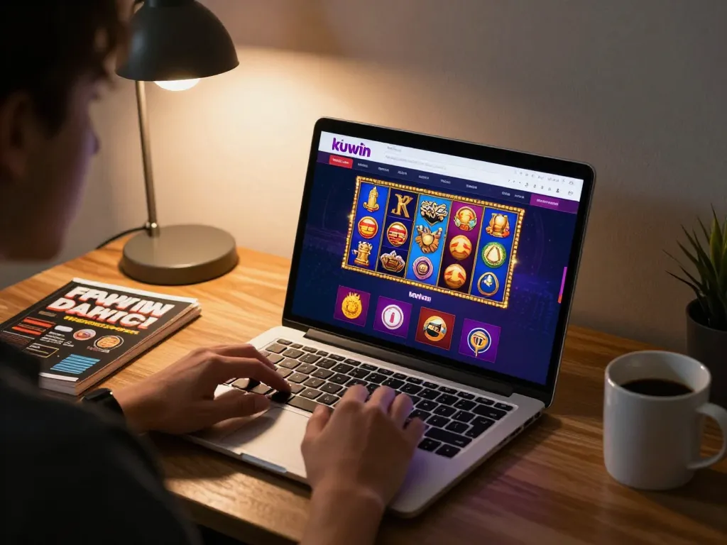 Kuwin online gambling experience with a person playing on a laptop while studying strategy notes in a cozy home office setting.