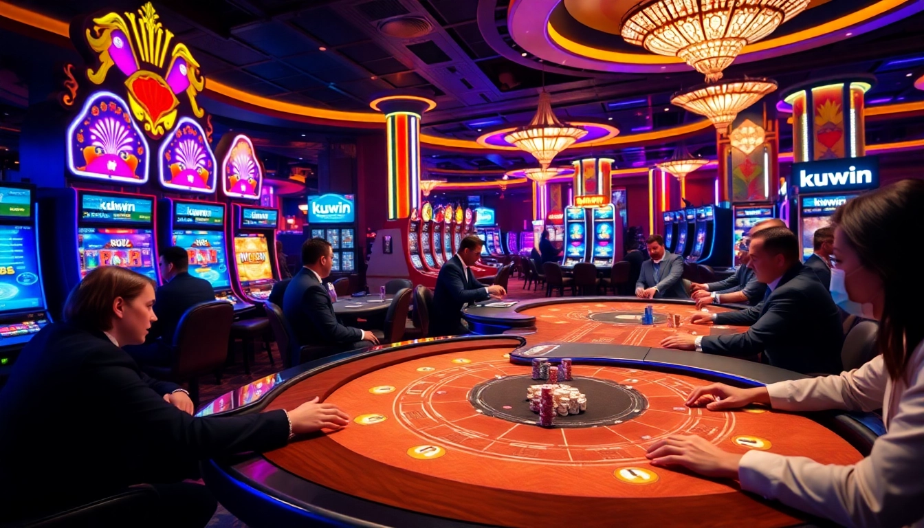 Kuwin gaming scene featuring vibrant slot machines and players at card tables.