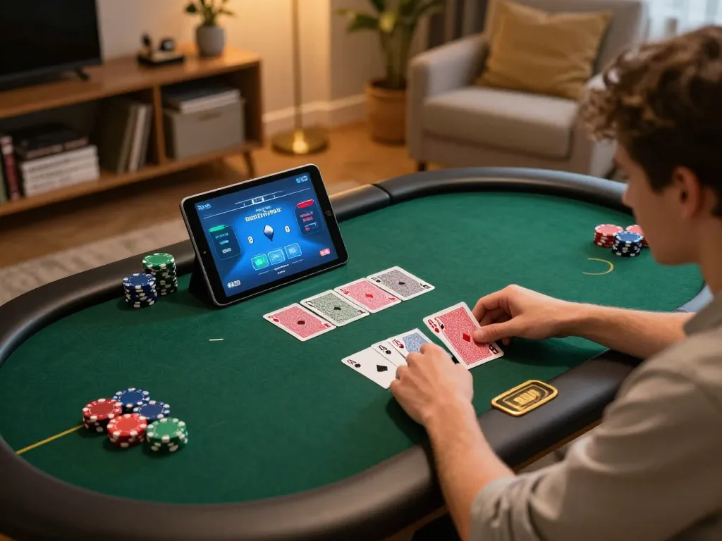 Play online poker with link luckywin on a tablet in a cozy home setting, showcasing strategic gameplay.