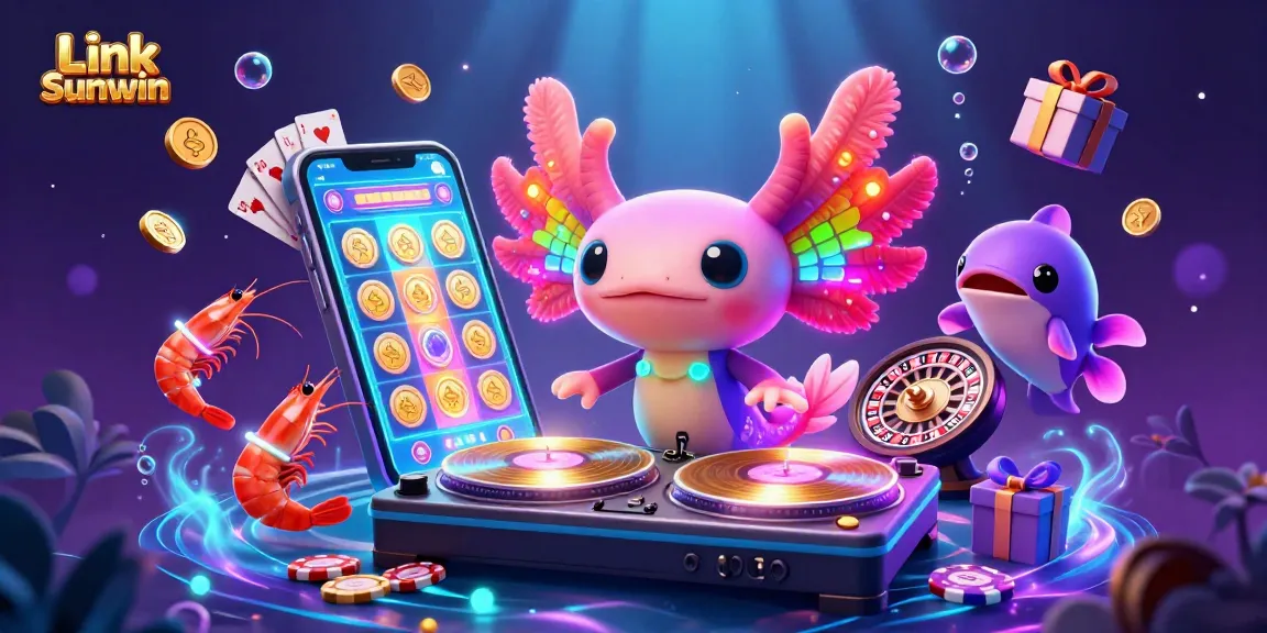 Link Sunwin showcases vibrant 3D casino fun with a DJ axolotl spinning golden records alongside animated shrimp.