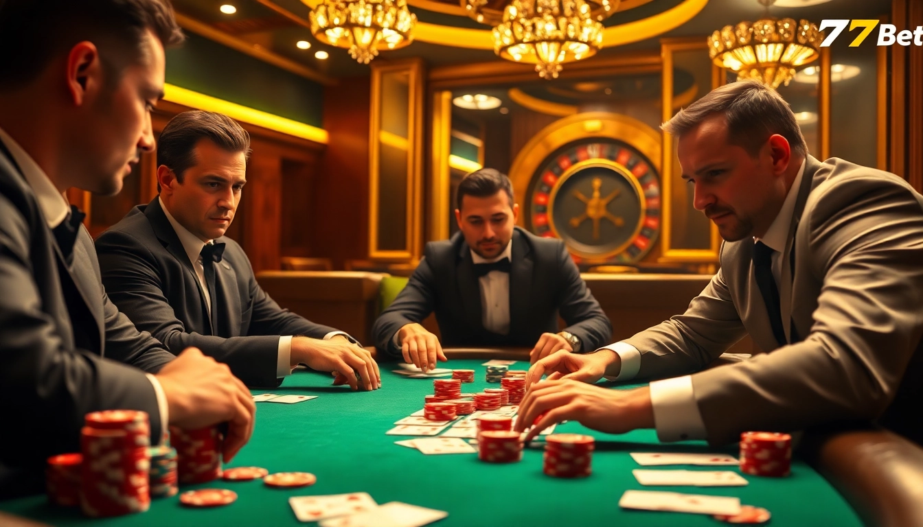 The thrill of a high-stakes poker game at 77Bet, featuring vibrant poker chips and focused players.