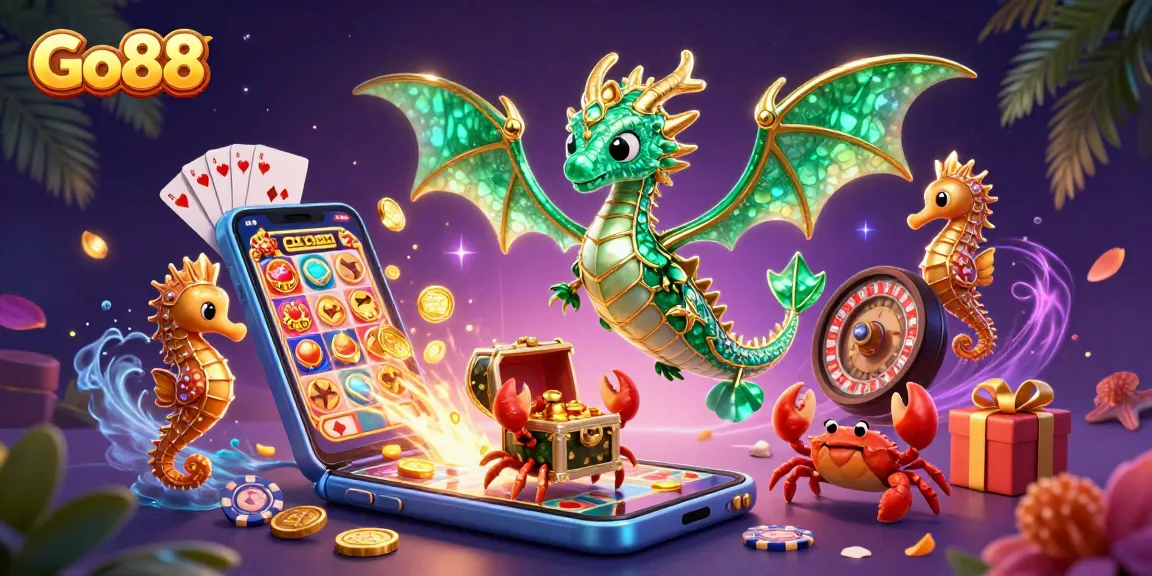 Engage with Go88's vibrant gaming experience featuring a sea dragon and treasure chest amid casino games.