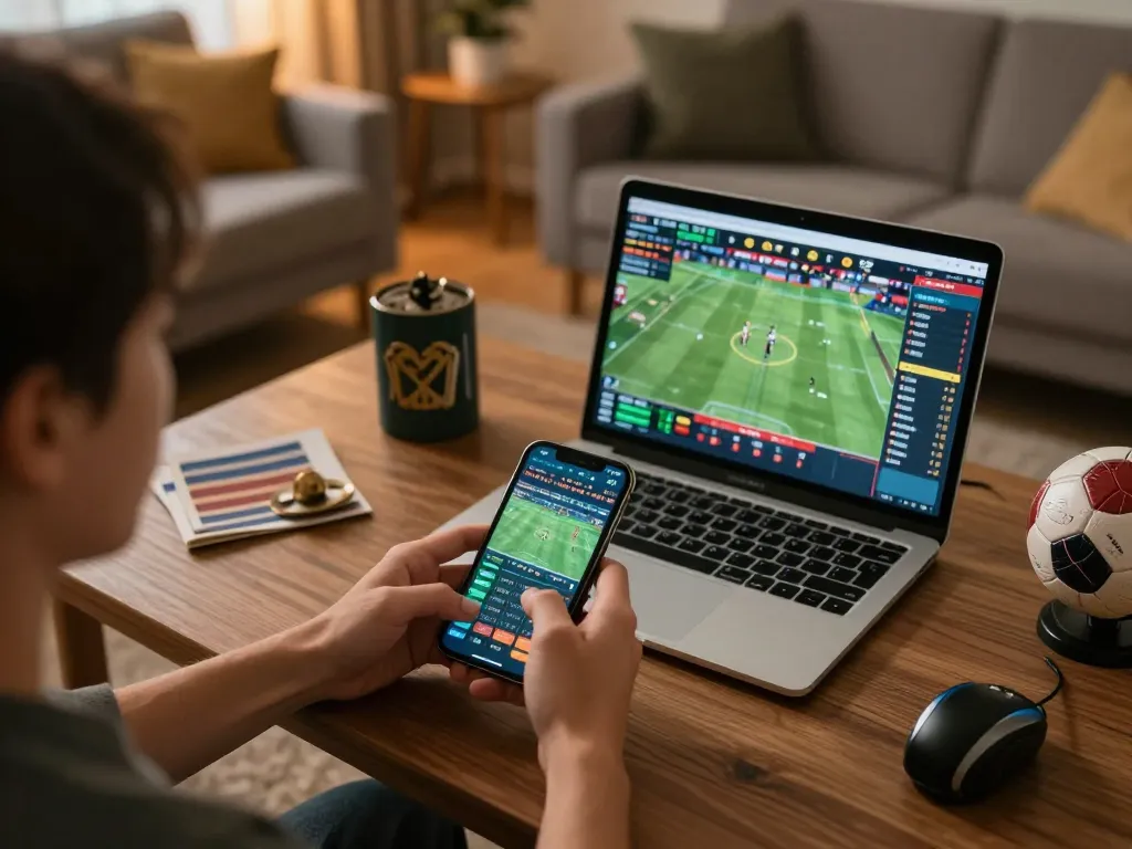 Engage in strategic betting with link sungaitoto on a mobile device in a cozy home setting.