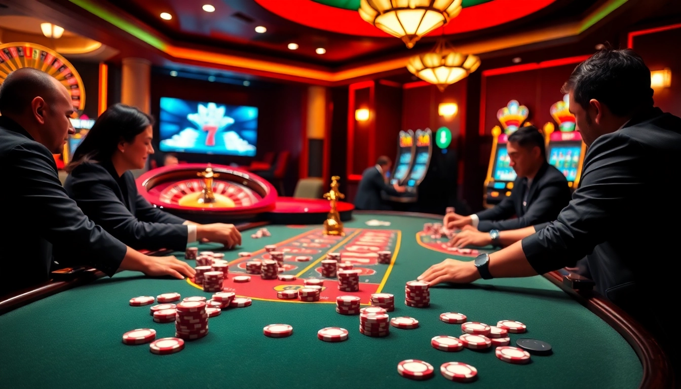 Engaging players at a poker table showcase the excitement of nhà cái uy tín s8 in a vibrant casino.
