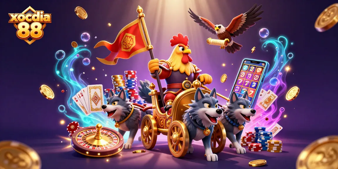 Xocdia 88 game features an exciting rooster warlord in a dynamic casino scene with golden coins and thrilling elements.
