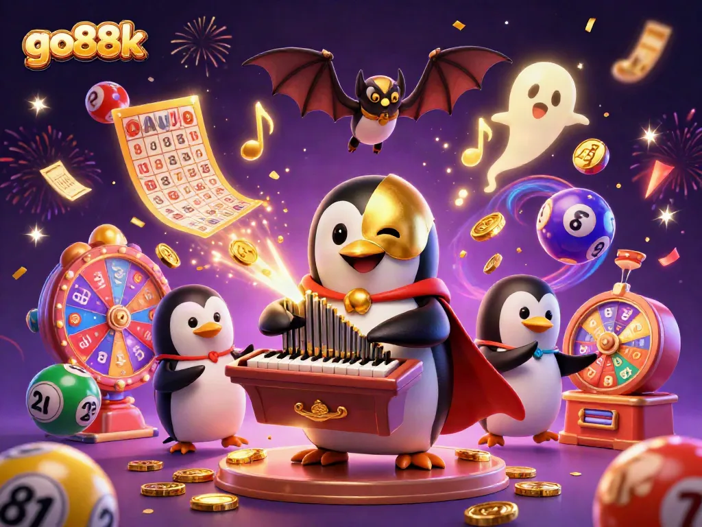 Experience winning excitement with go88k as golden coins flow from a magical organ in a festive casino scene.
