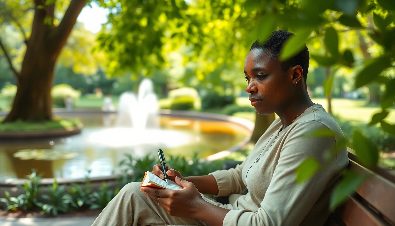 Engaging scene of mental wellness practice with a coach writing in a serene park.