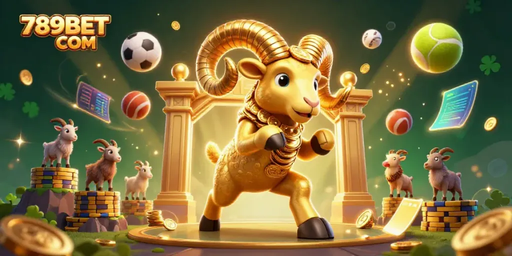 Experience thrilling gaming with 789BET COM featuring golden rams, sports elements, and dynamic action.