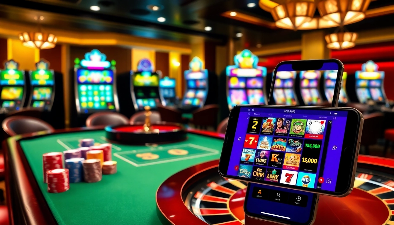 Mega888 APK interface showcased on a mobile device in an exciting casino setting.