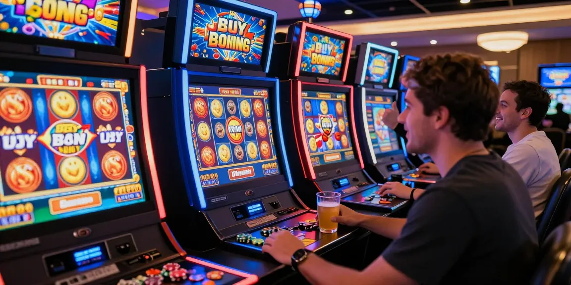 Bonus Buy Slots experience at https://cocomaya.co.uk with players and vibrant slot machines creating an exciting online casino ambiance.