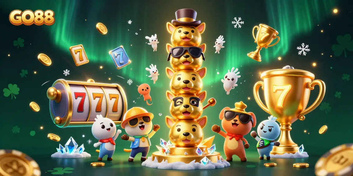 Engage with GO88 at this vibrant 3D casino scene featuring a golden totem pole and dynamic slot game elements.