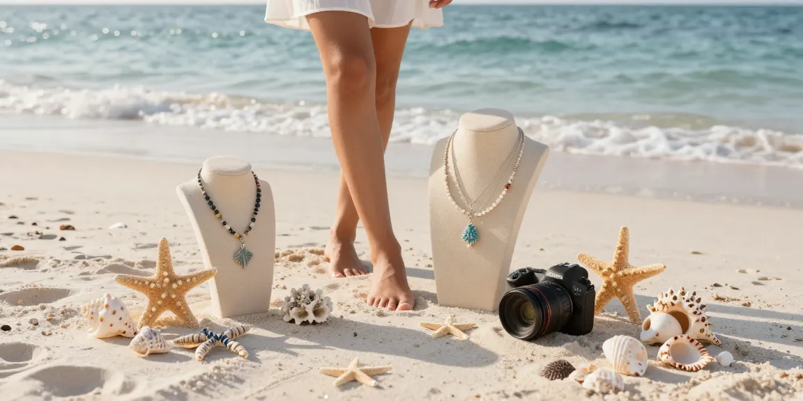 Sustainable jewellery gifts showcased in a serene beach setting with a model wearing handmade pieces inspired by the sea.