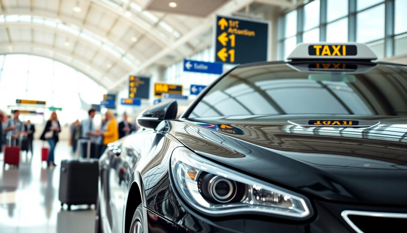 Taxi service at Heathrow showcasing a sleek cab against the busy terminal.