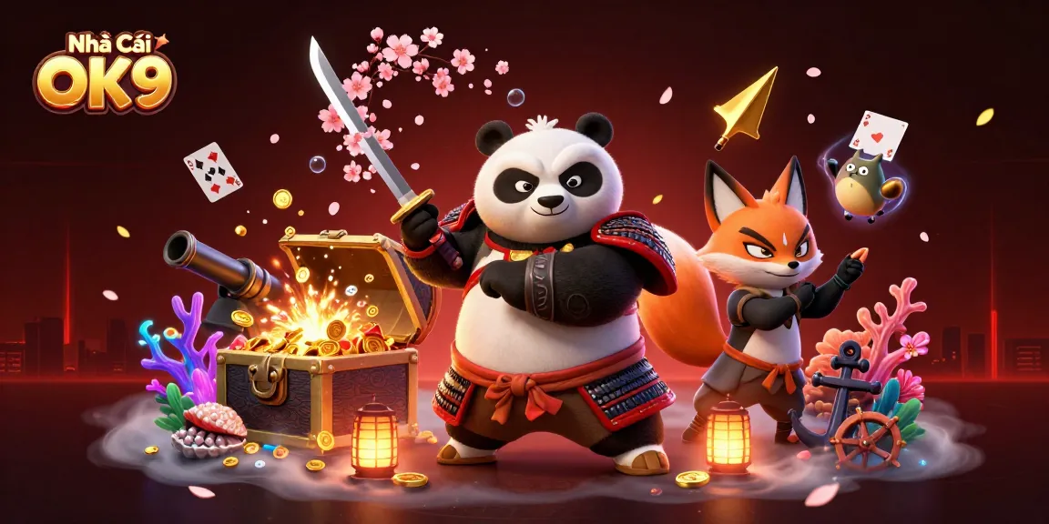 Engage with Nhà Cái OK9's thrilling gaming atmosphere featuring dynamic characters and vibrant casino elements.