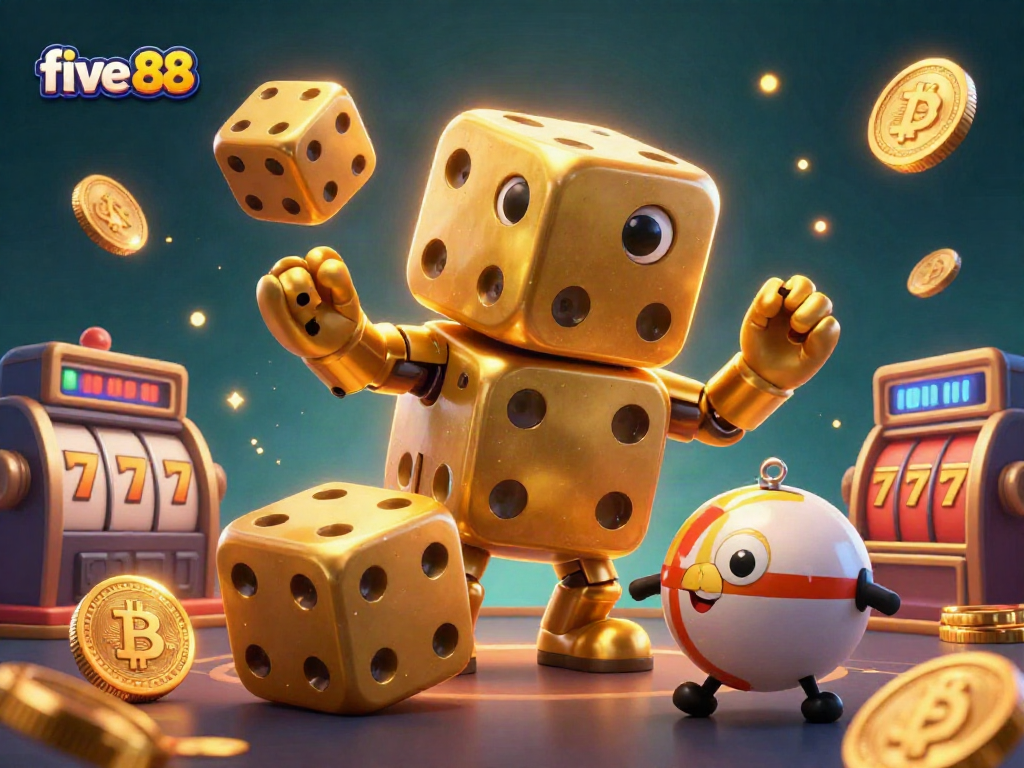Experience the thrill of five 88 through an energetic scene filled with golden dice and casino elements.